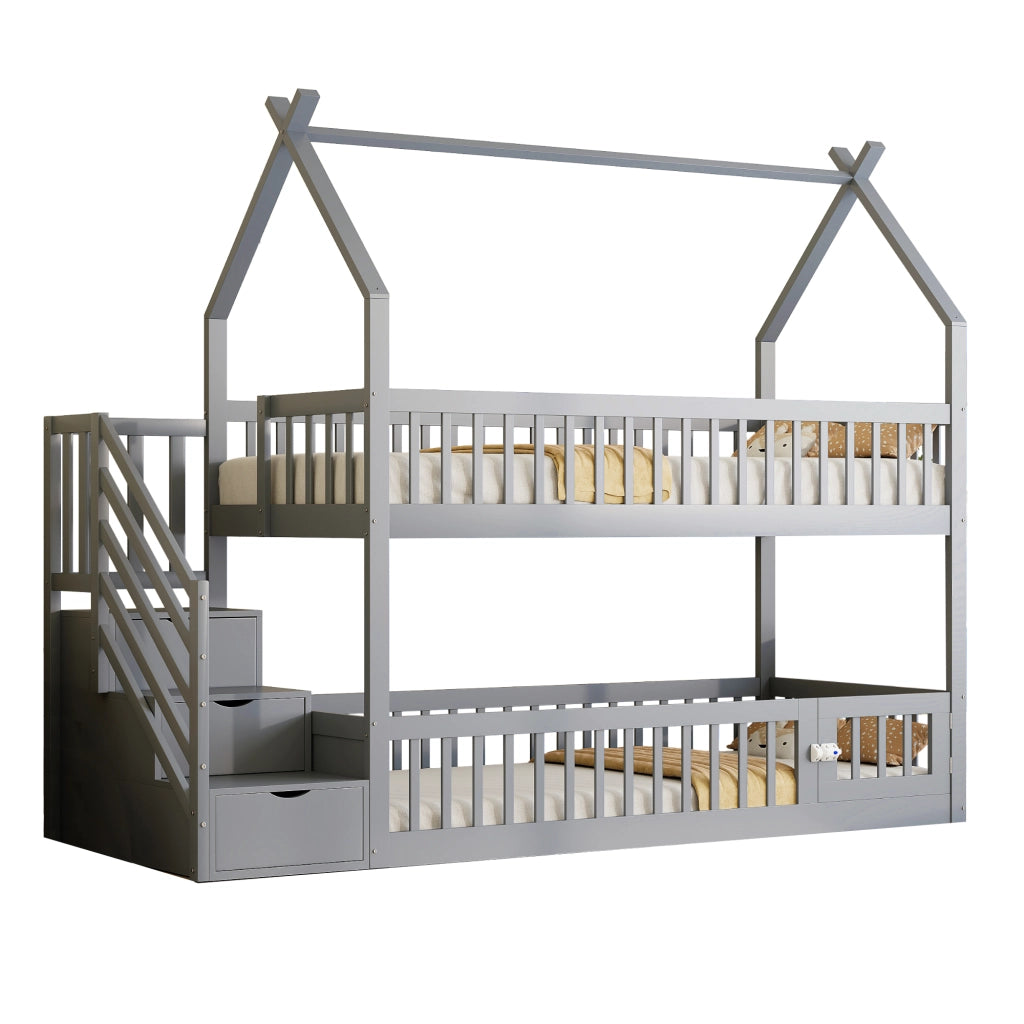 Letto a castello 90x200 in legno massello grigio con tetto e scale di sicurezza
