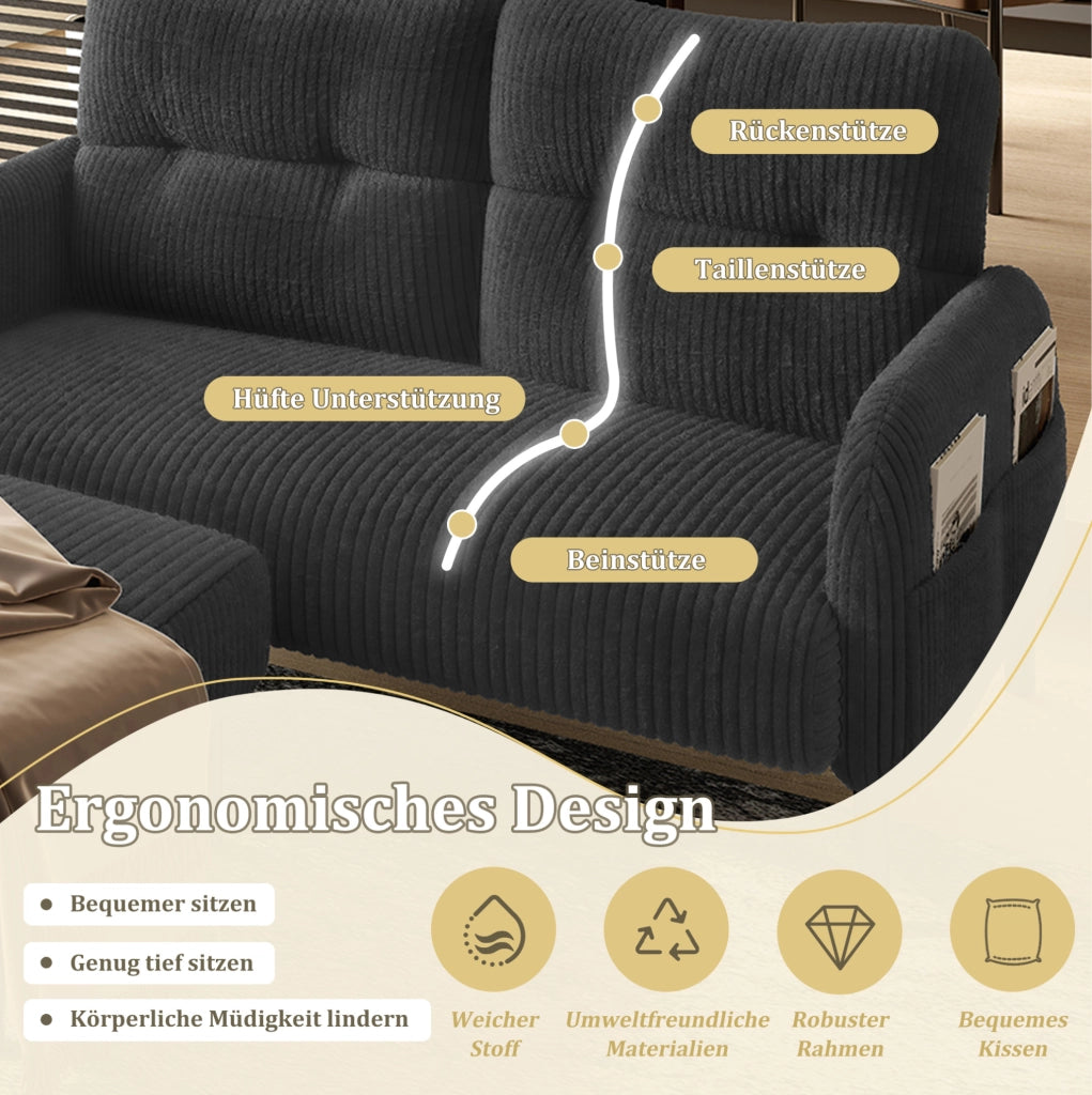 Set divano 2 posti; poltrona e pouf in velluto a coste; grigio