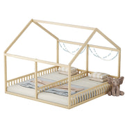 Letto per bambini 90 × 200 cm 2 posti con barriera centrale e tetto a casetta; senza materasso; naturale