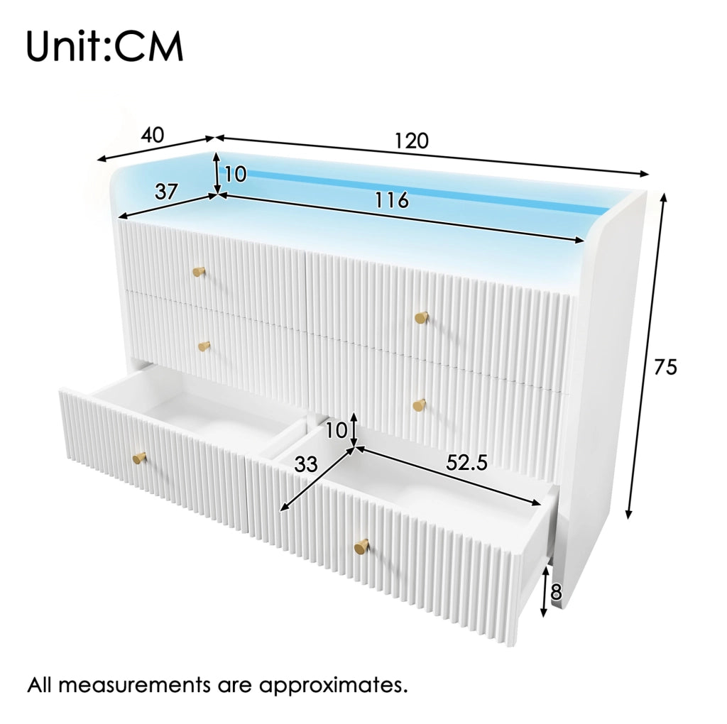 Mobile contenitore bianco con 6 cassetti, illuminazione LED e design a onde, 120x40x75 cm