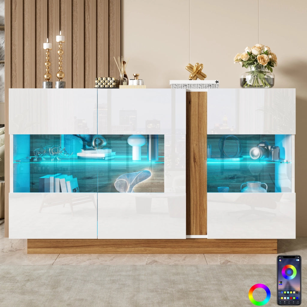 Credenza moderna con 3 ante in acrilico e LED regolabile; 120 x 38 x 80 cm; truciolare bianco e naturale