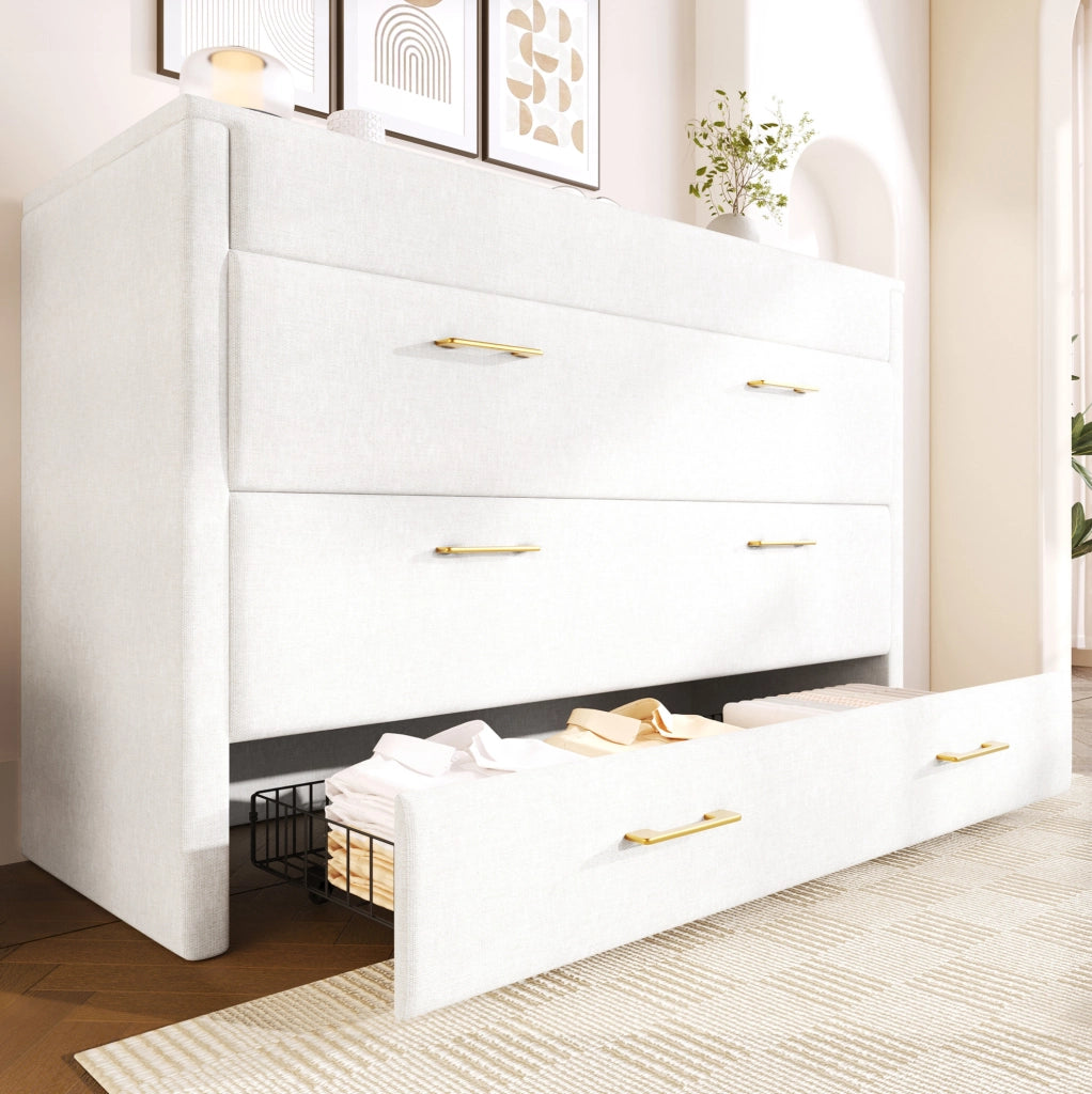 Letto a scomparsa 140x200 cm in lino beige con cassetto, prese USB e Type-C, struttura mobile con vano multifunzione, senza materasso