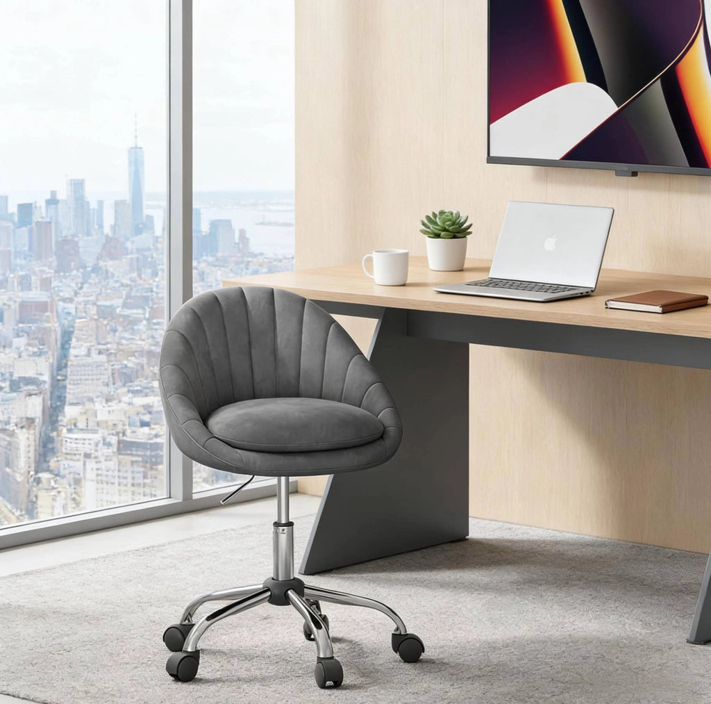 Sedia da ufficio ergonomica in velluto grigio scuro con ruote