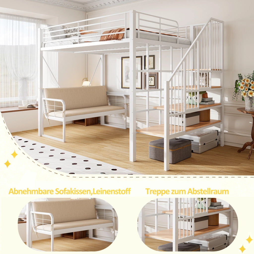 Letto a castello 140 × 200 cm 2 posti; scala contenitore e divano removibile; senza materasso; bianco