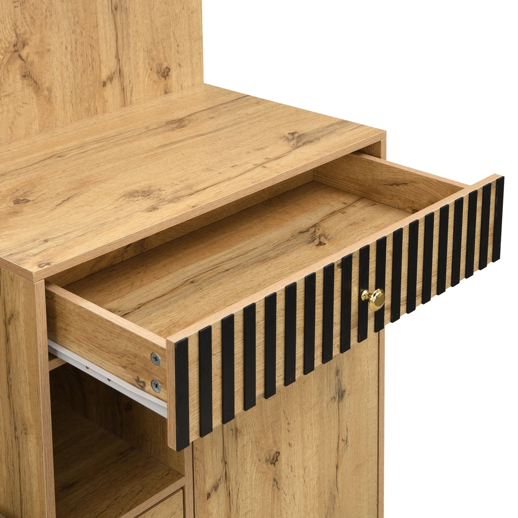 Set da ingresso con specchio; panca imbottita; cassetti scanalati e scarpiera; MDF; nero e naturale; 110x37x185;5 cm