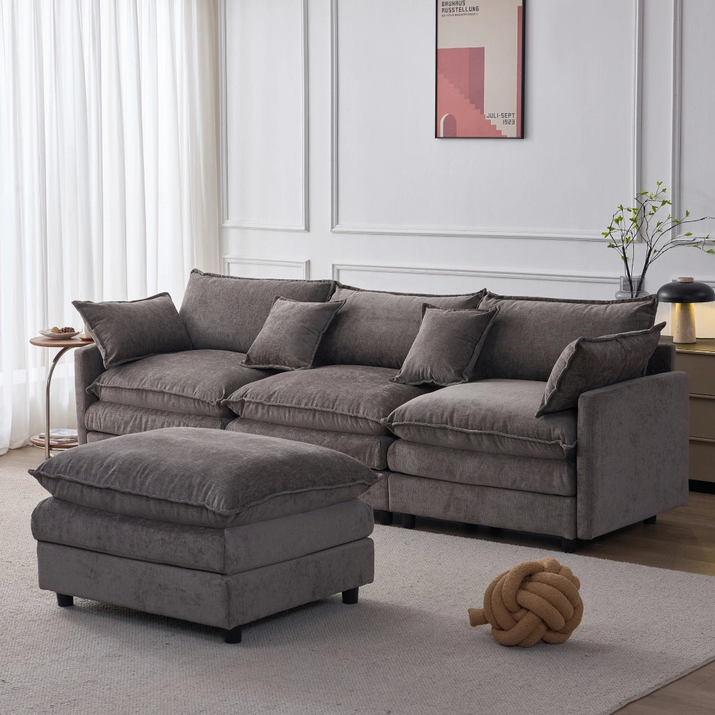 Divano Angolare Modulare 3 Posti con Pouf, Chenille Grigio