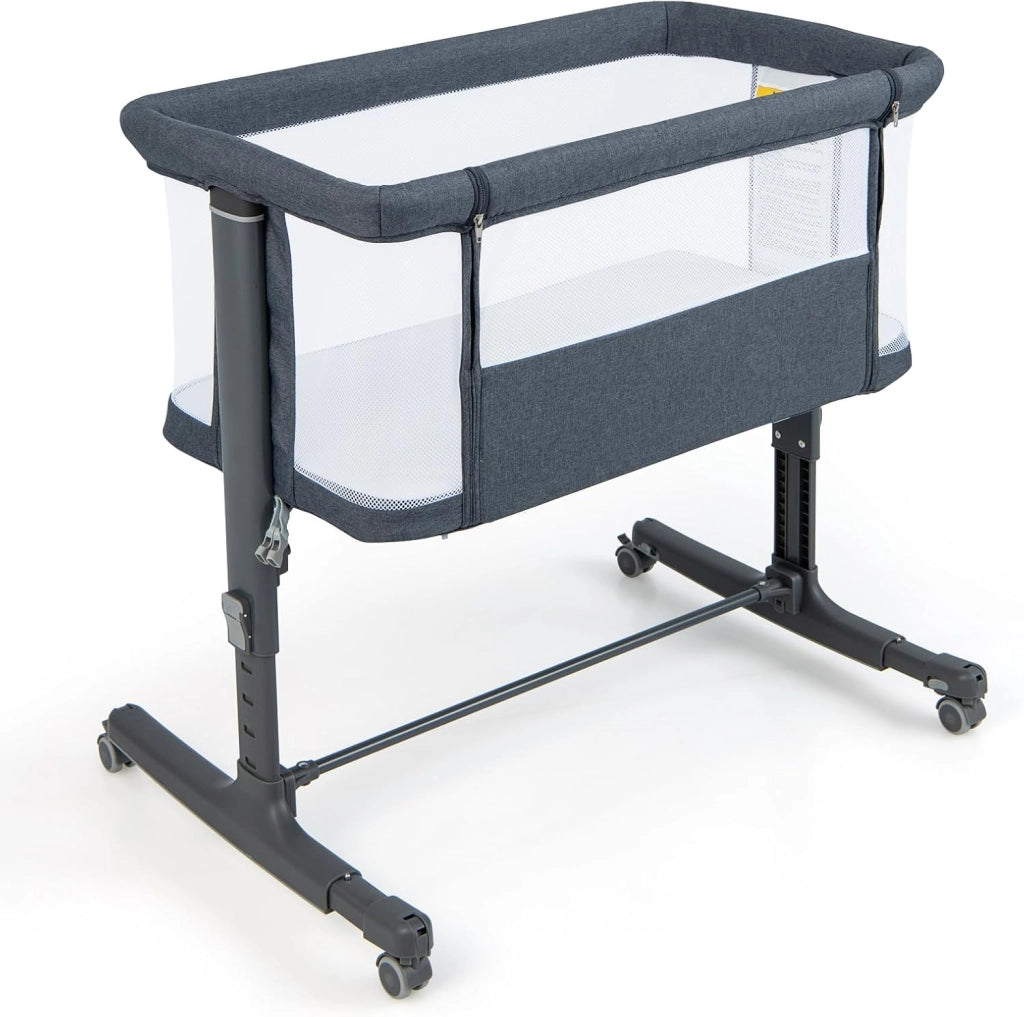 3 in 1 Culla Neonato Fianco Letto, Lettino Neonato Dondolo con Materasso, Culla Co-Sleeping Fino a 9 kg, Altezza Regolabili, Inclinazione di 10°, 84 x 59,5 x 80,5cm (Grigio Scuro)