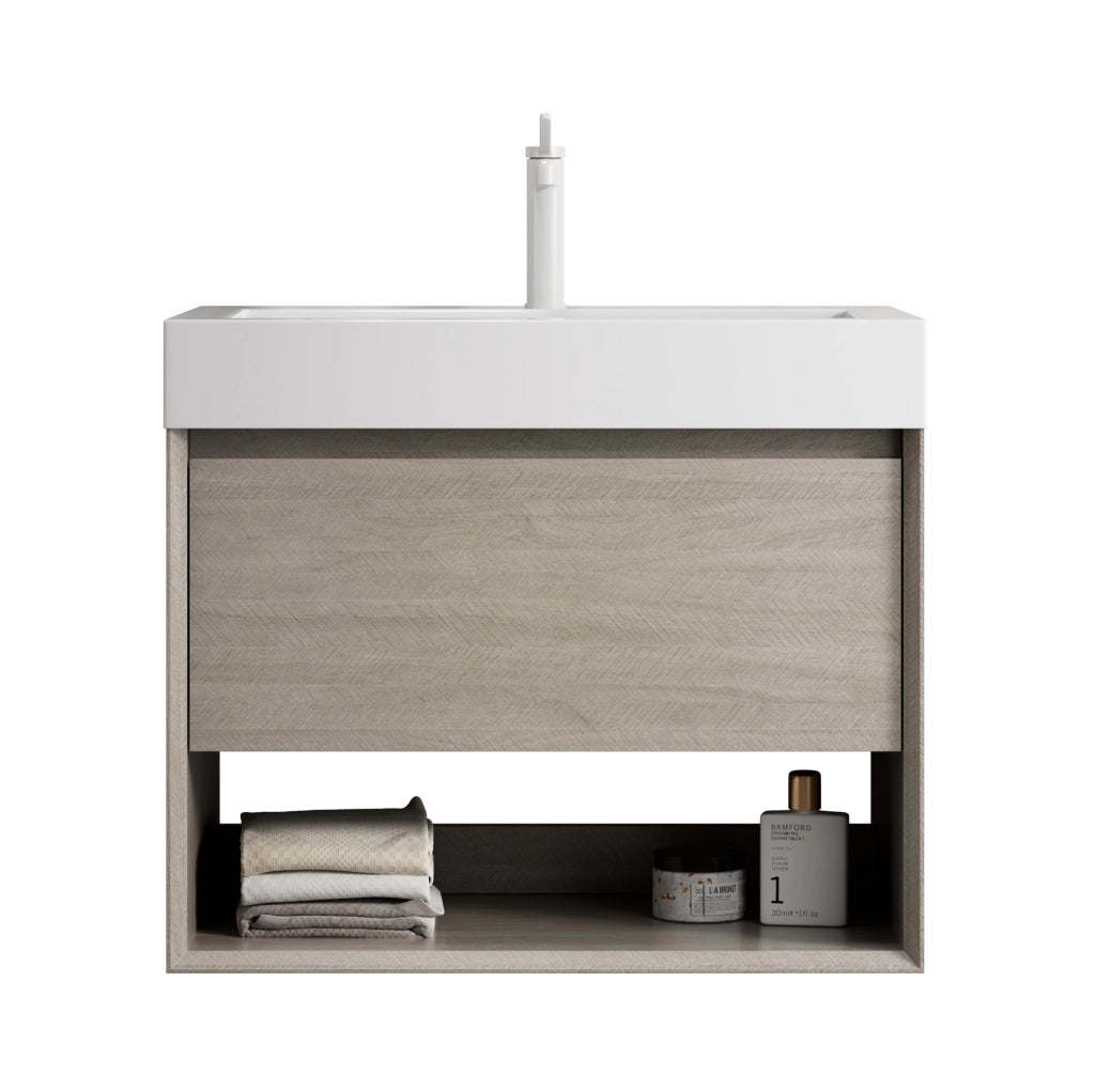 Mobile bagno bianco e rovere chiaro, lavabo integrato in resina e cassetto