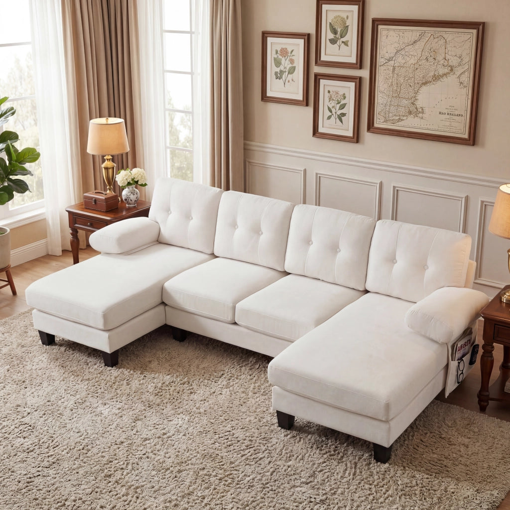 Divano panoramico con doppia chaise longue in ciniglia beige tasche laterali e braccioli rimovibili 84 × 268 × 128 cm