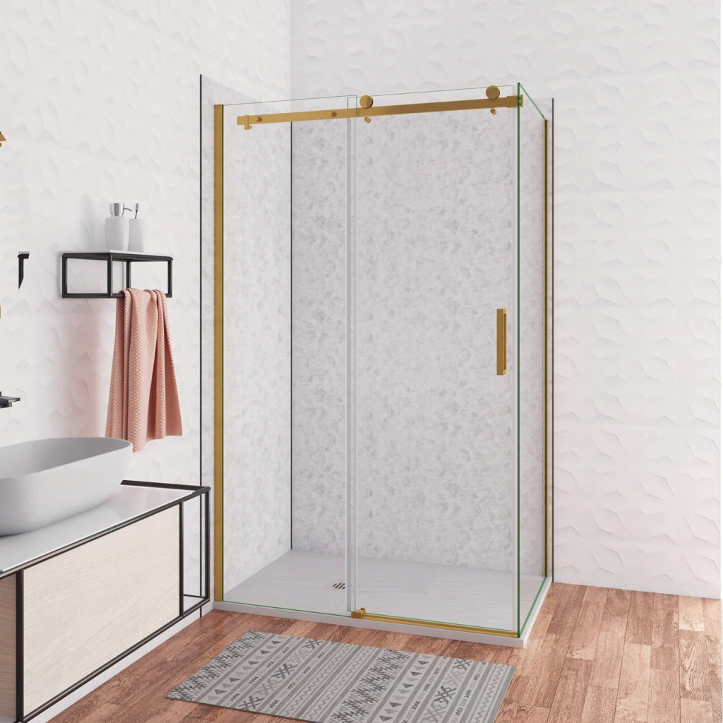 Box Doccia Angolare 120X80 cm H.195 cm Porta Scorrevole con Parete Fissa Vetro 8 mm Temperato Anticalcare Trasparente Telaio Cromo Dorato