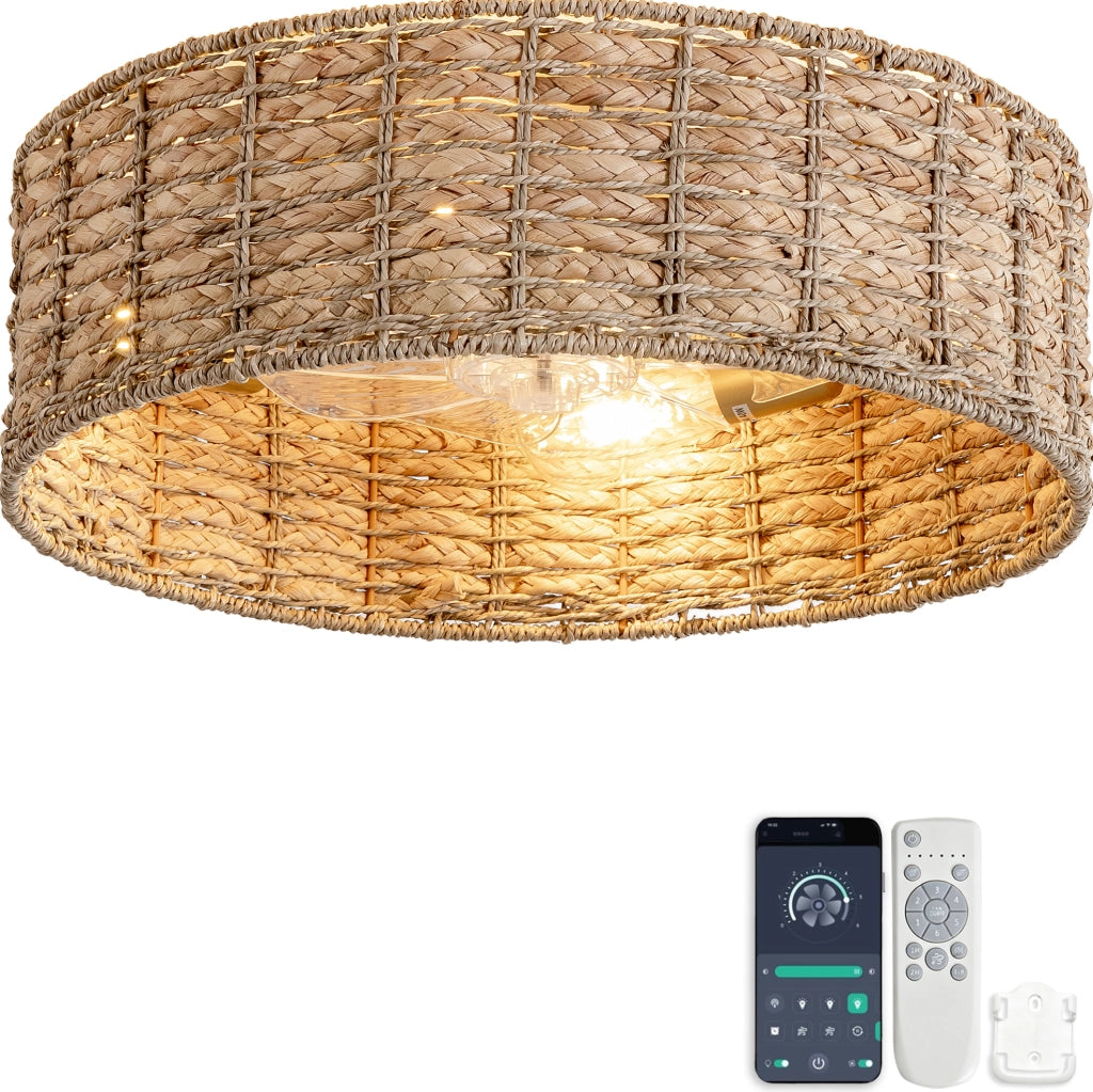 Ventilatore da soffitto 19 pollici in rattan naturale con luce, controllo doppio tramite app e telecomando, 6 velocità reversibili, pale in ABS silenziose