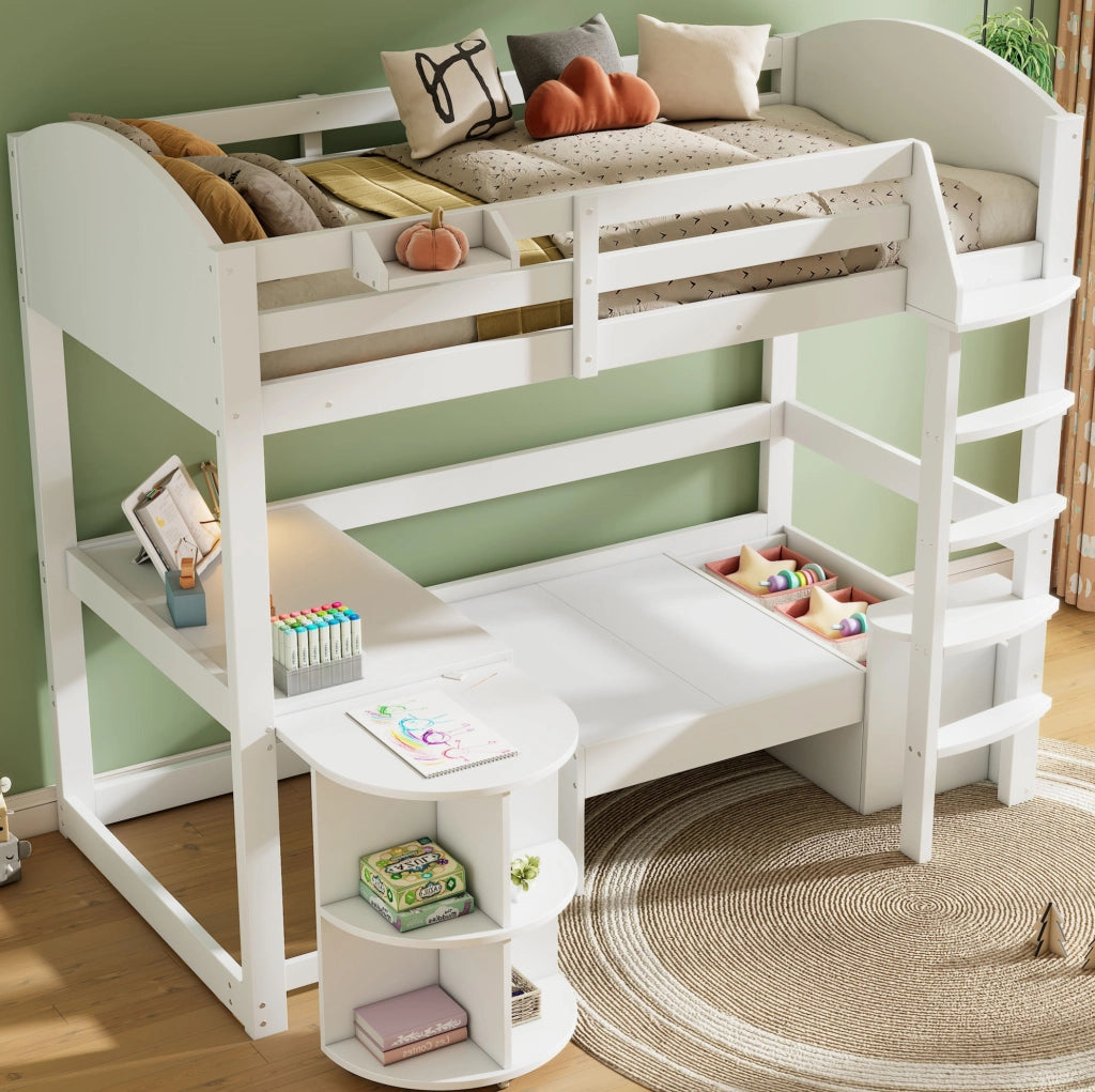 Letto a castello multifunzionale con scrivania estraibile, divano contenitore e scala sicura