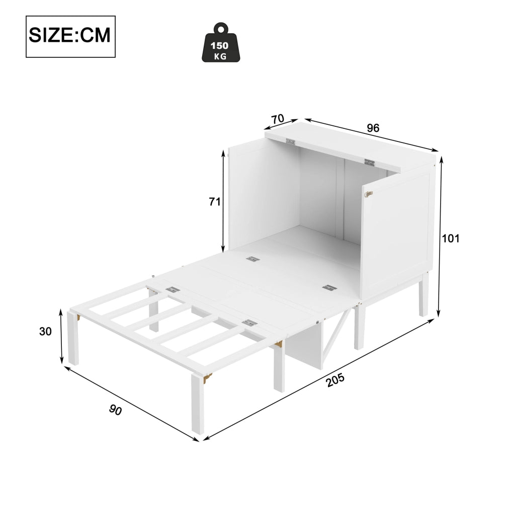 Letto pieghevole verticale 90x200 cm modulare in MDF e metallo bianco