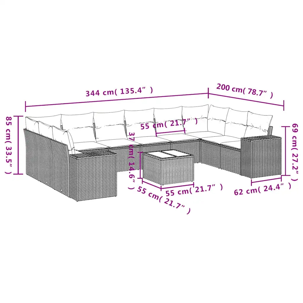 Set Divani da Giardino 11 pz con Cuscini Grigio in Polyrattan 3223080