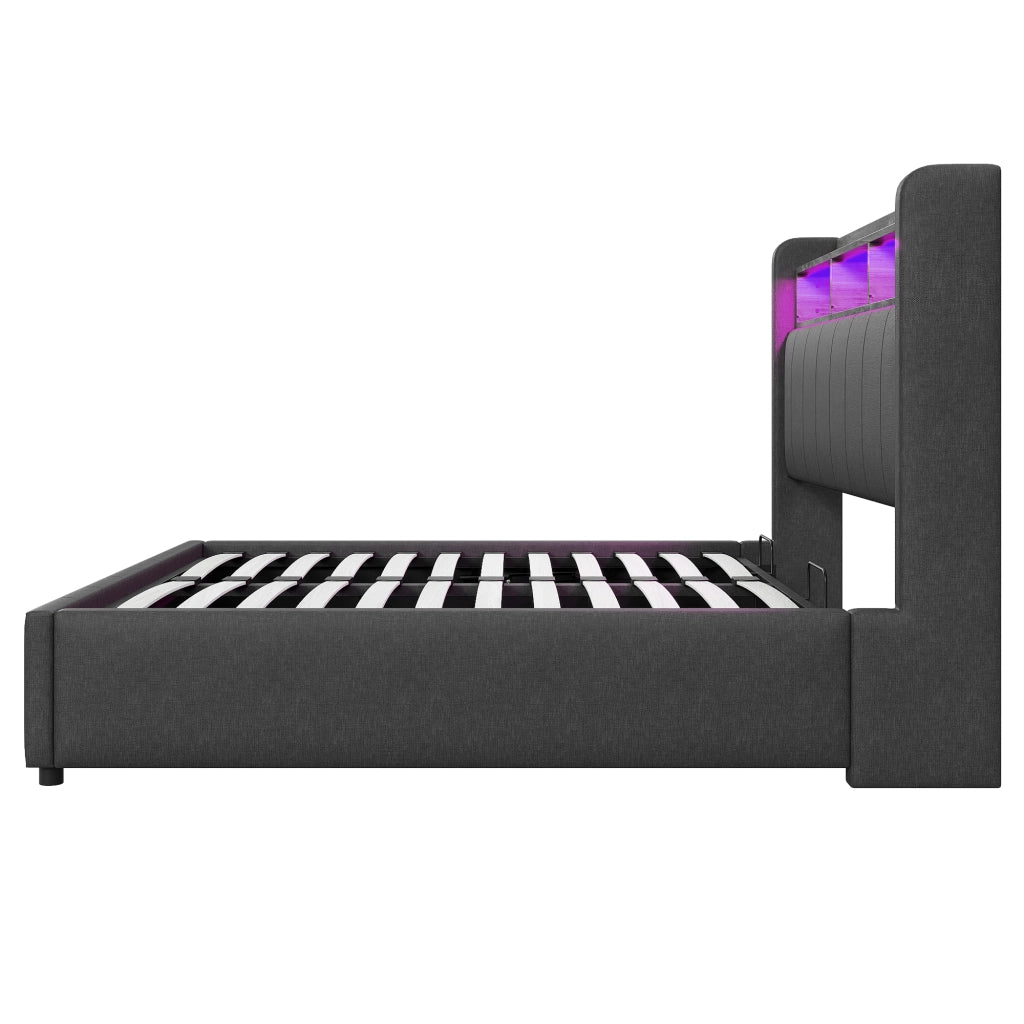 Letto contenitore 160 × 200 cm imbottito con LED USB e Type-C testiera con ripiani in tessuto grigio
