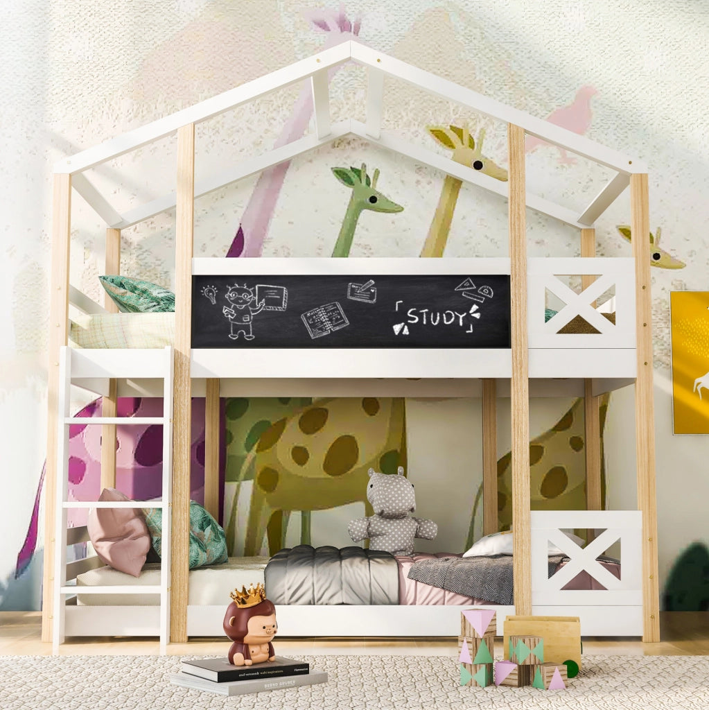 Letto a soppalco per bambini 90x200 cm con lavagna e scala