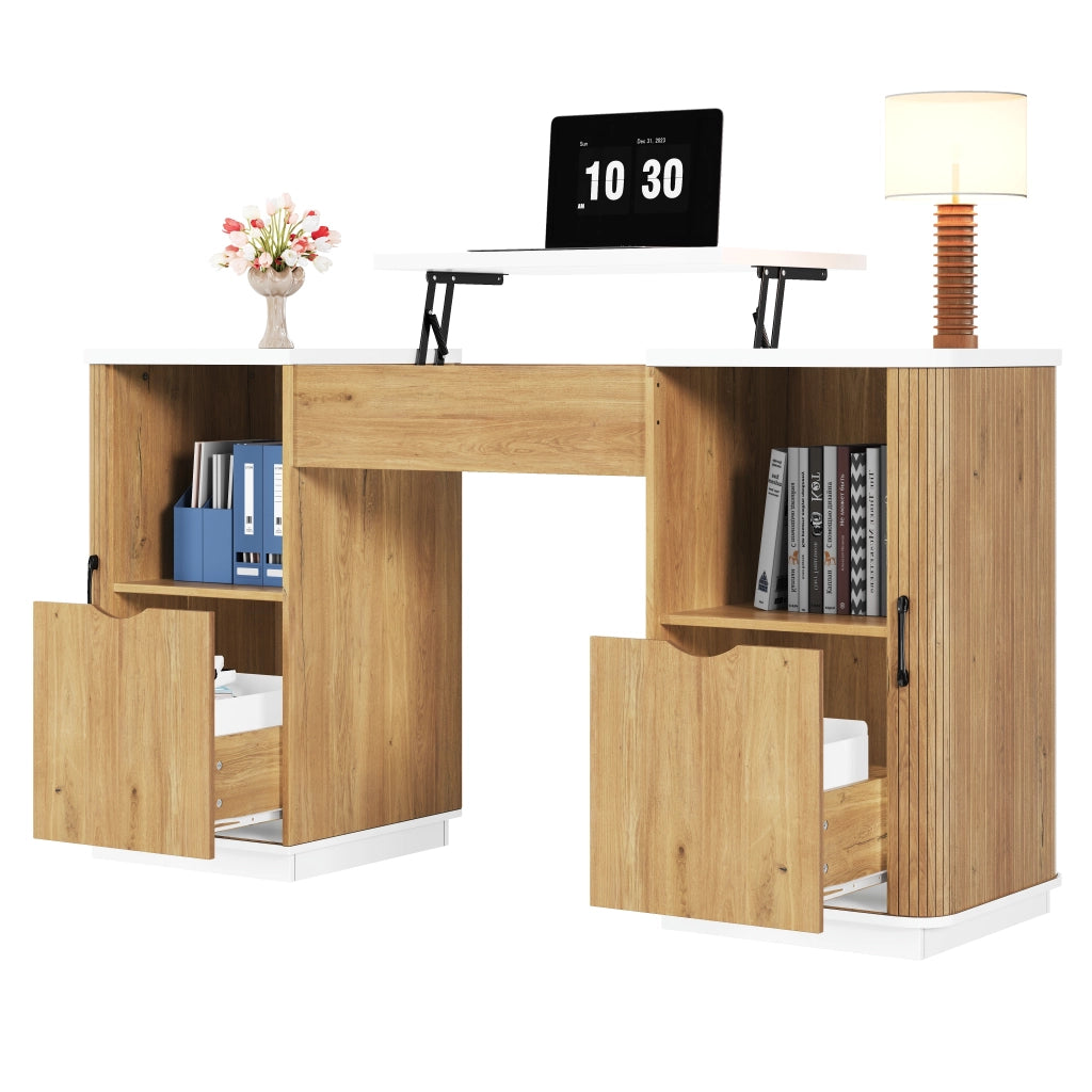 Scrivania regolabile in altezza con 2 cassetti e 2 vani aperti, piano sollevabile per studio e camera, MDF bianco rovere