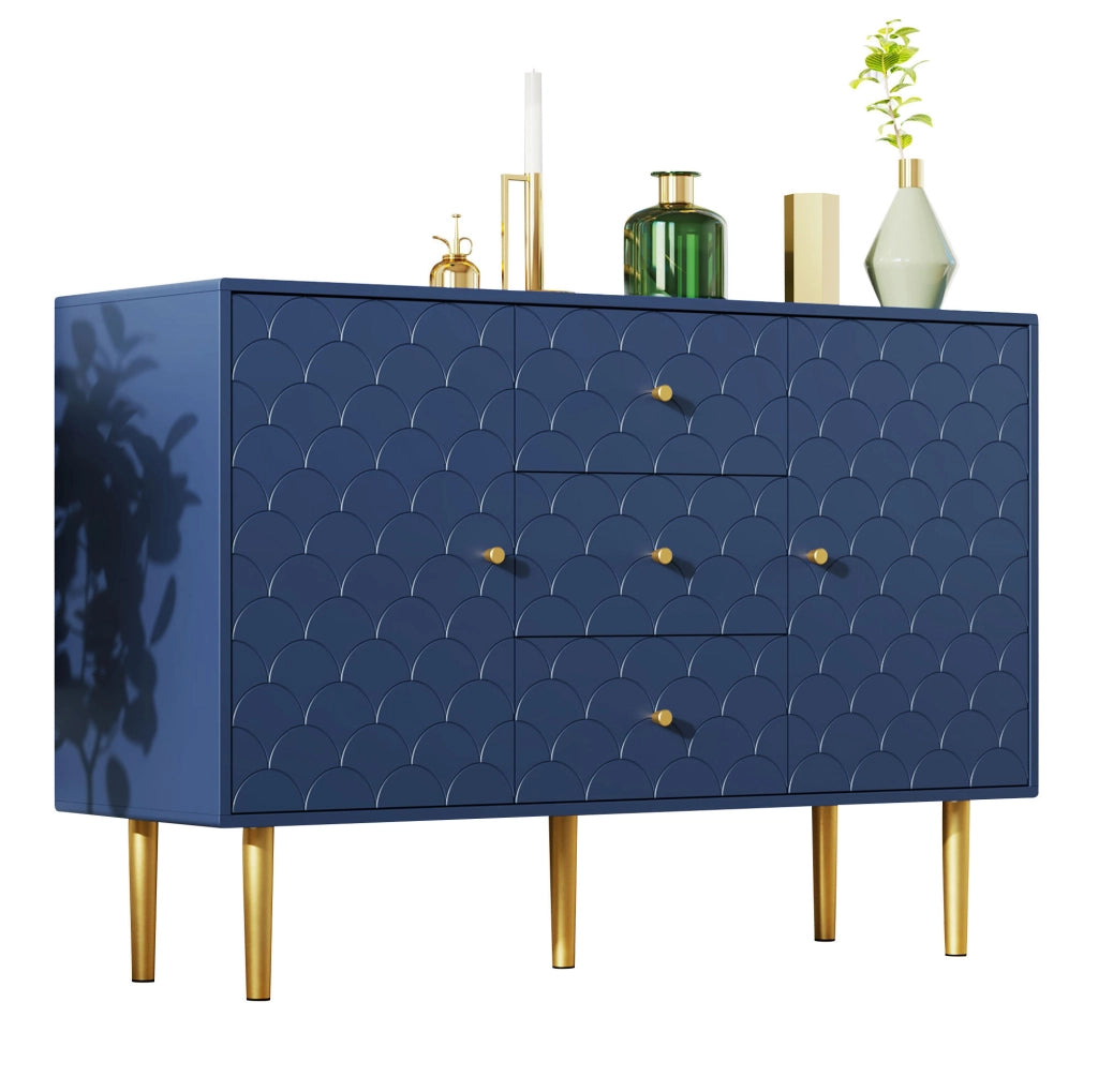 Credenza 120 x 40 x 83 cm in truciolare e metallo blu navy, 2 ante, 3 cassetti