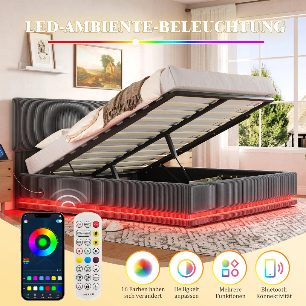 Letto contenitore 160 × 200 cm con testiera regolabile LED USB-C in tessuto a coste grigio scuro