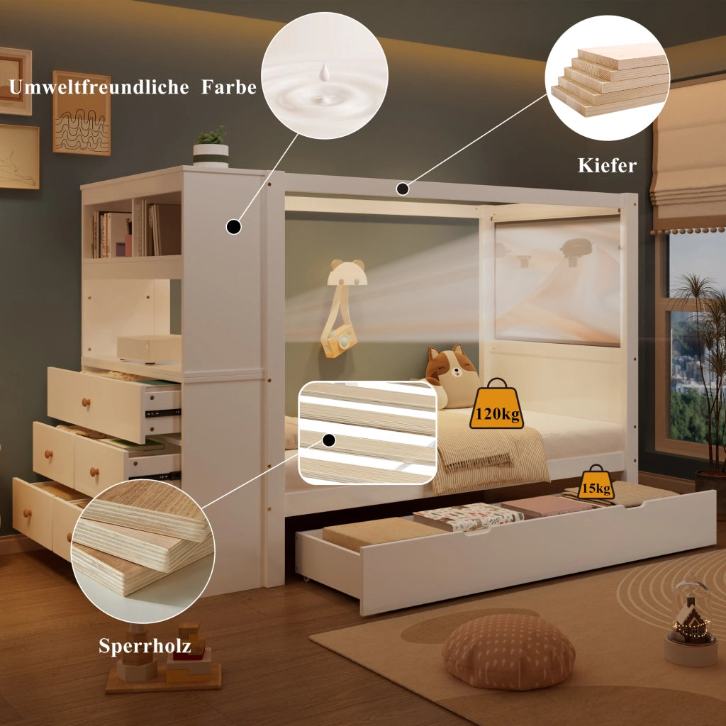 Letto singolo 90 × 200 cm con 5 cassetti e cassetto estraibile in legno bianco con sponde e barra superiore
