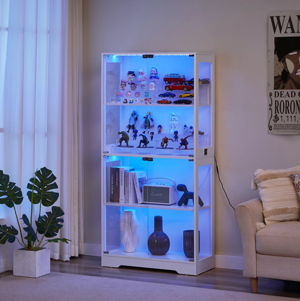 Vetrina in vetro a quattro piani bianca con LED e sensori, 80x35x165 cm, per soggiorno e ufficio
