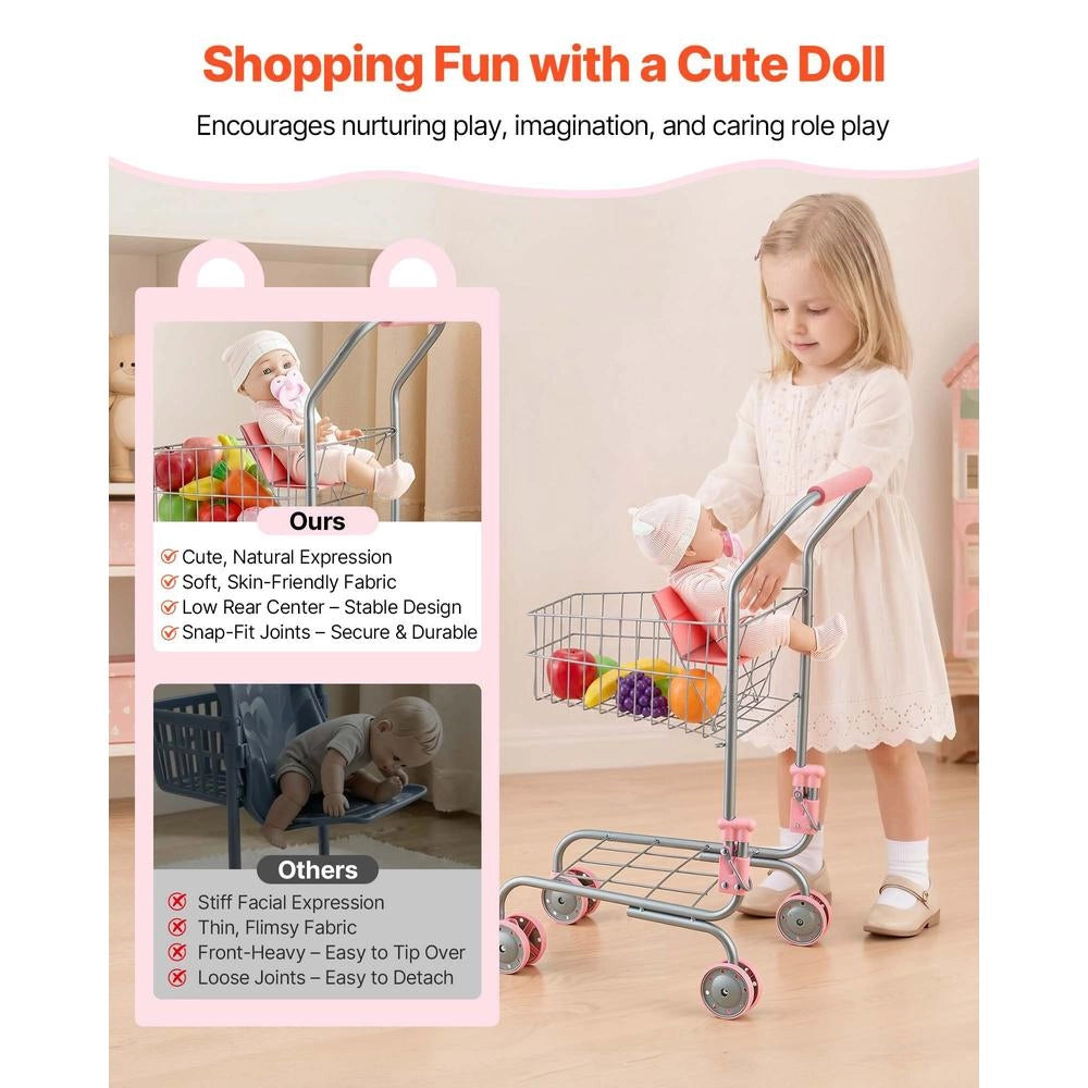 Carrello Spesa Giocattolo Bambini 3+ Anni Metallo Sedile Bambole Ruote Cestino a Rete Gioco Negozio