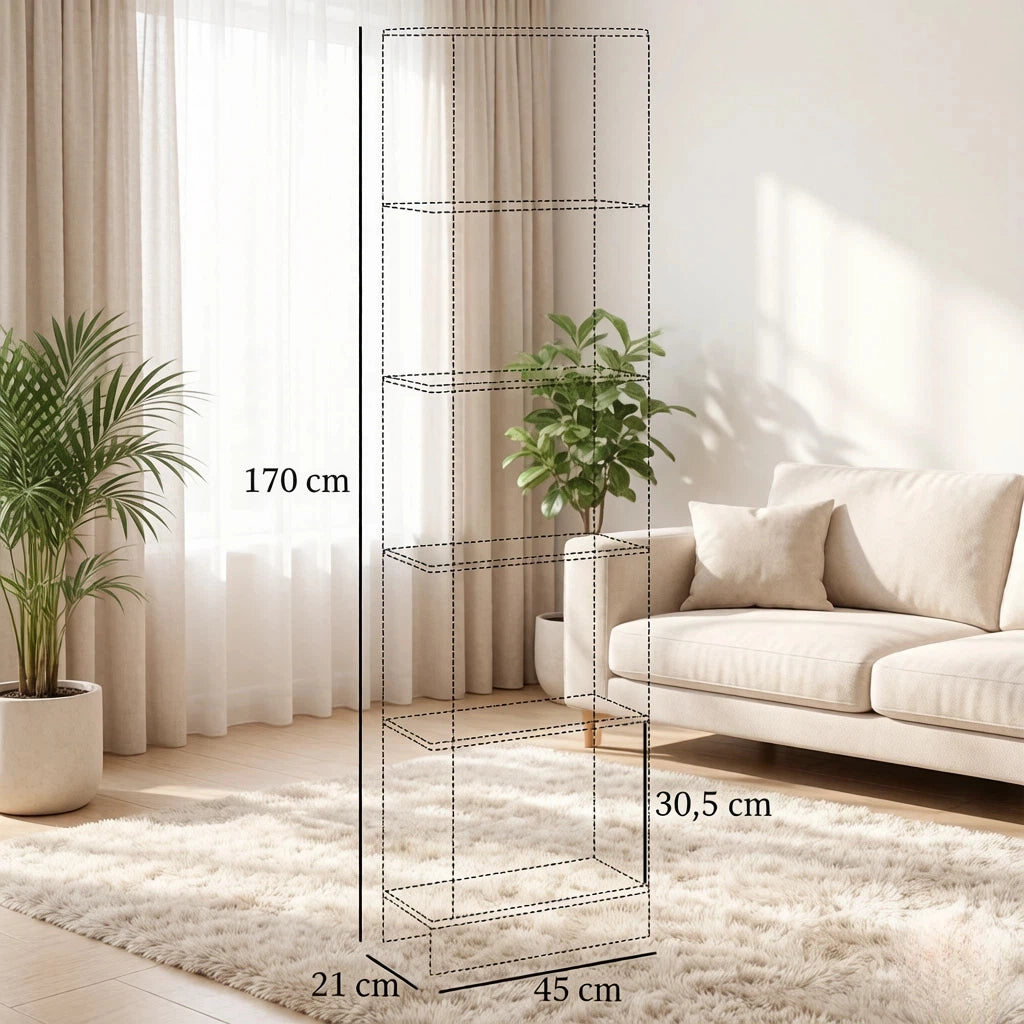 Libreria 45x21x170 cm con 5 vani aperti in truciolare bianco e rovere