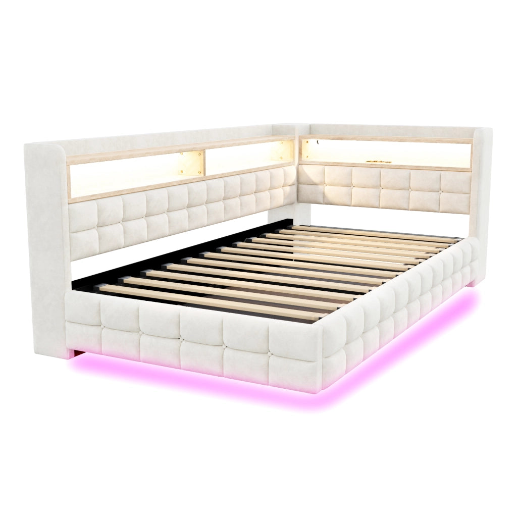 Divano letto 90 × 200 cm con vano contenitore idraulico LED prese USB e Tipo C rivestito in velluto beige