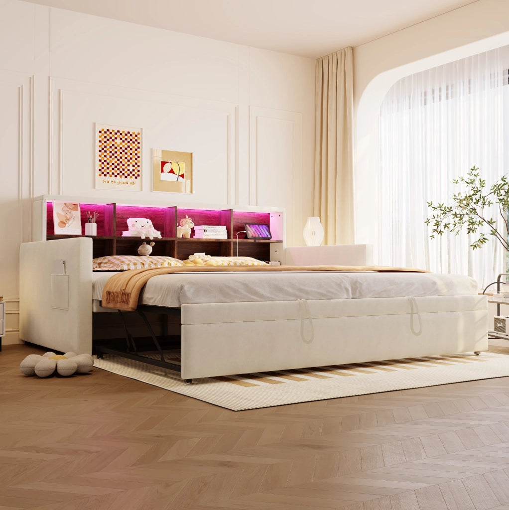 Polsterbett Schlafsofa 90x190 cm mit ausziehbarem Bett, integriertem Staufach, LED-Lichtleiste und Ladeanschlüssen, Samtbezug Beige
