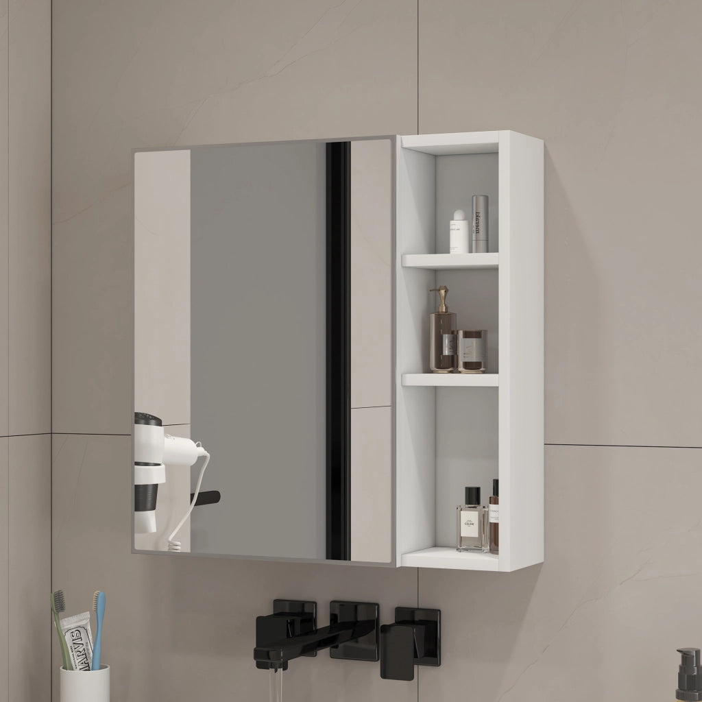 Armadietto da bagno sospeso con anta a specchio in vetro di sicurezza e vani interni in MDF bianco
