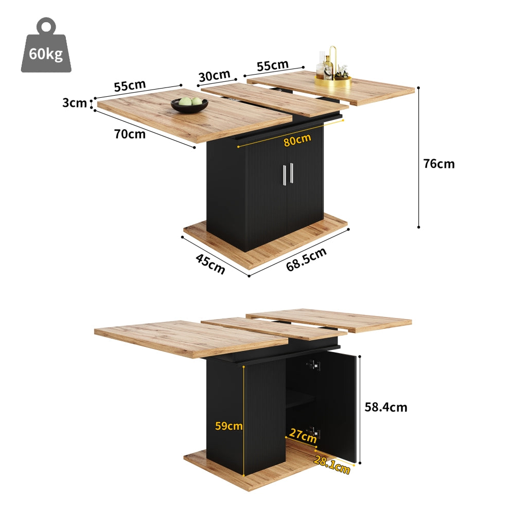 Tavolo allungabile da pranzo con mobile contenitore e ripiani regolabili in MDF nero 110 × 70 × 76 cm