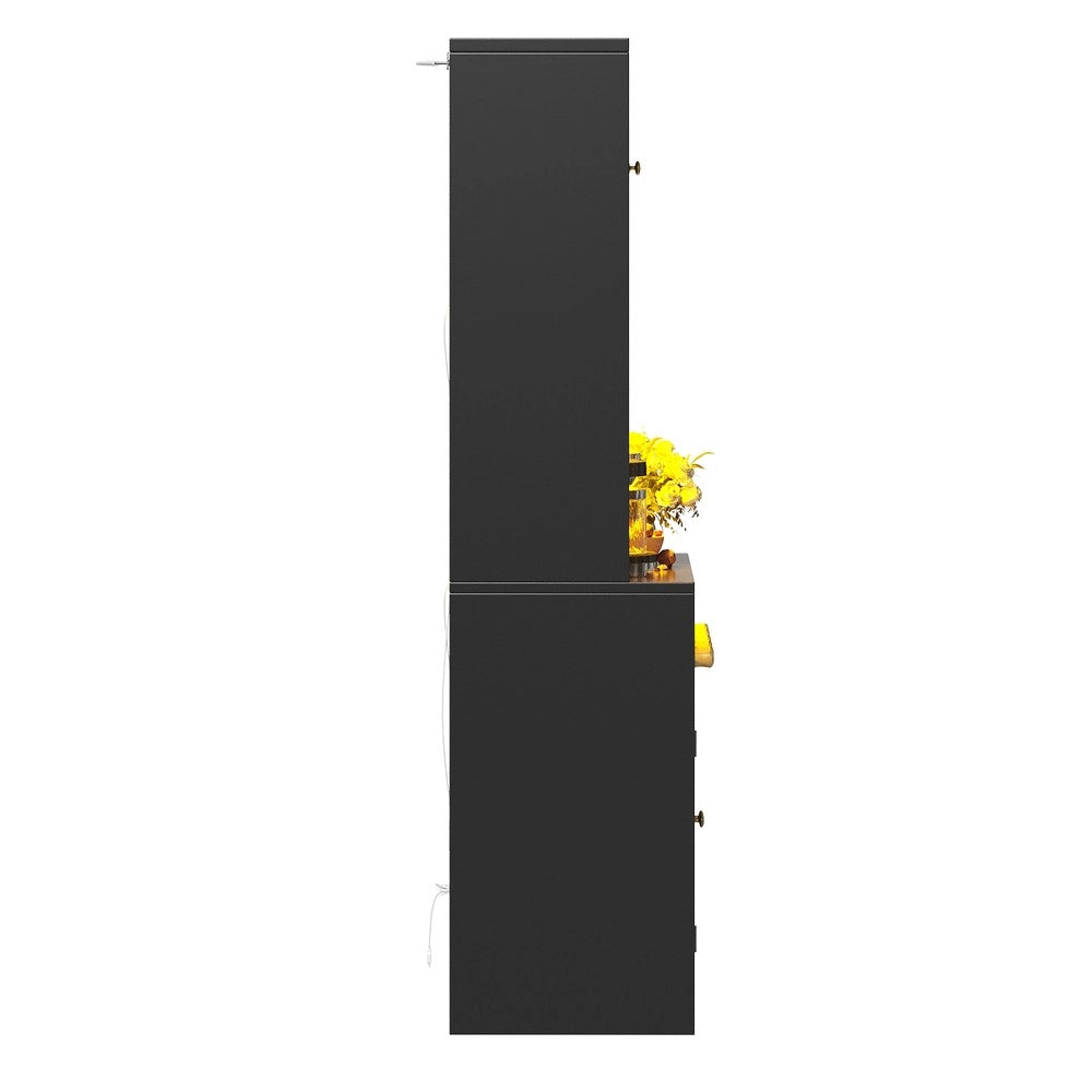 Set di 2 armadi alti ¨C Minimal ¨C nero, con ante in vetro, LED RGB, scaffale per vino, ripiani regolabili, 180cm