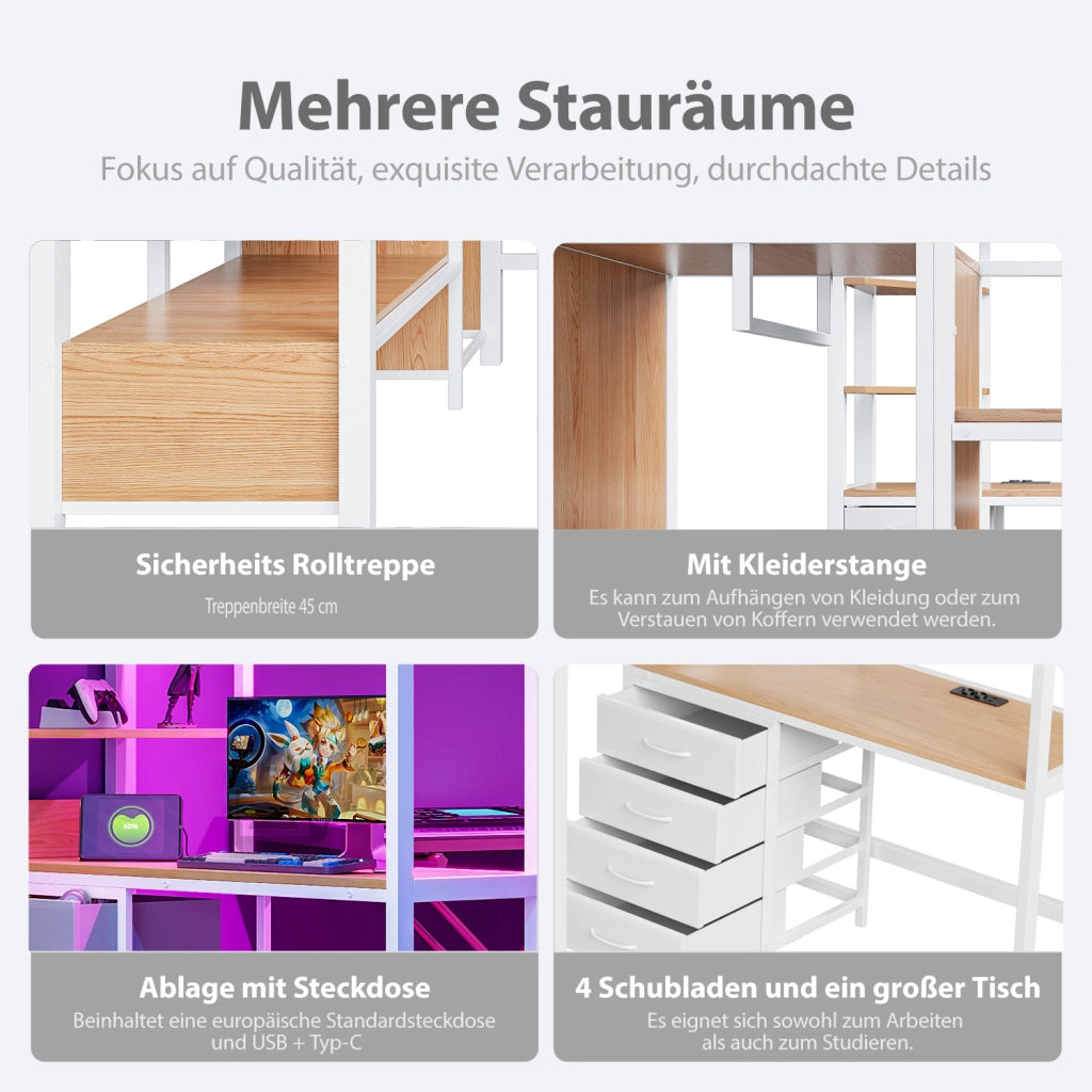 Letto a soppalco 140x200 cm per adulti con scrivania; ripiani; appendiabiti; LED e presa; metallo bianco