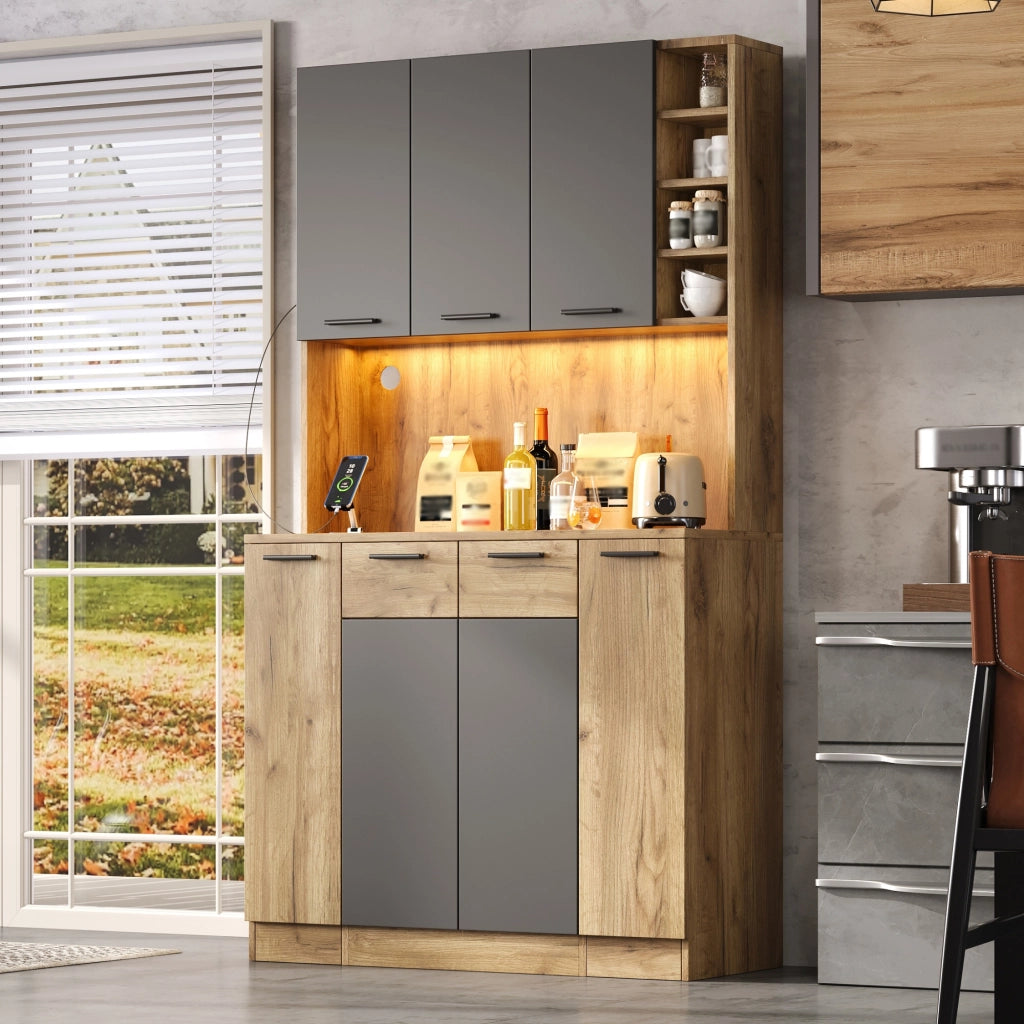 Credenza da cucina alta LED con 4 cassetti verticali e presa, per cucina, MDF nero naturale, 100 × 40 × 180 cm