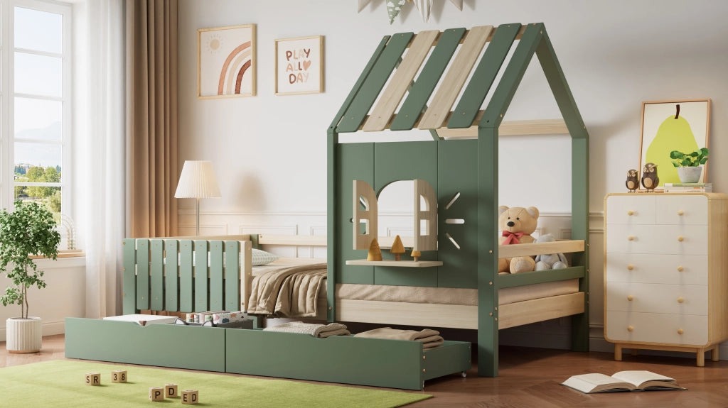 Letto a casetta per bambini 90x200 cm in pino e MDF; verde e naturale; con 2 cassetti; tetto e finestra per cameretta