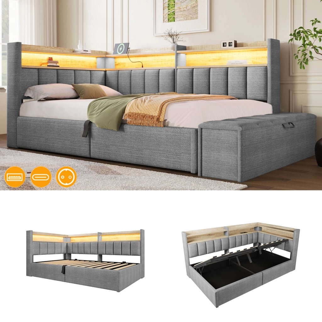 Daybed Imbottito 90x200 cm con Sollevamento Idraulico; Vano Contenitore; LED; USB; Grigio