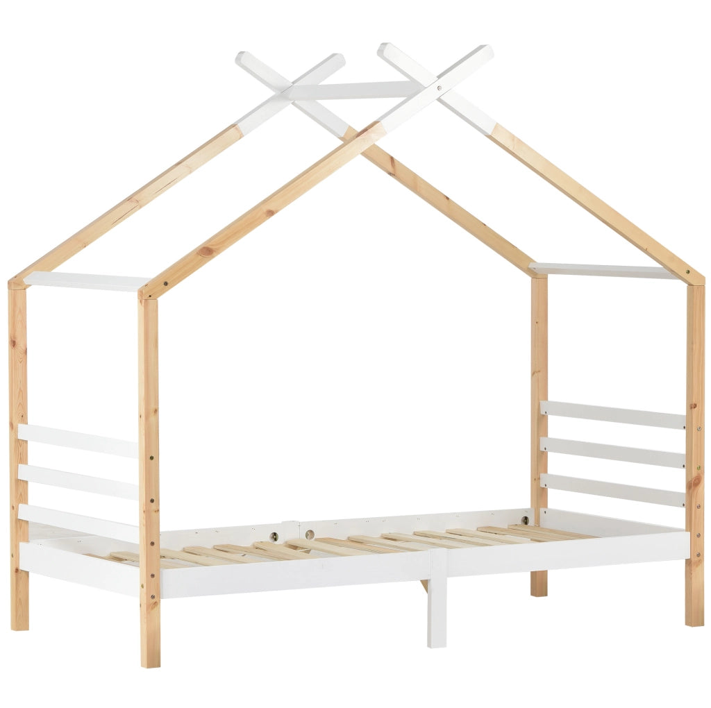Letto a casetta 90x200 cm in legno massello color naturale con struttura a tetto