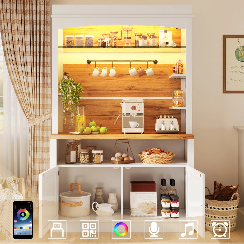 Credenza da cucina alta, set di 2 con LED RGB, 6 ganci e dispositivo antiribaltamento, MDF bianco, 107 × 34 × 184 cm