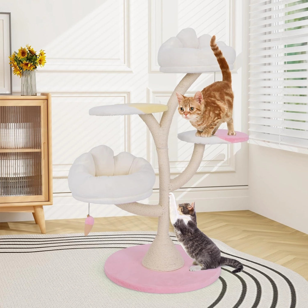 Albero per Gatti, Tiragraffi per Gatti con 2 Piattaforme, Palline Pendenti, Cuscini e Tiragraffi in Sisal, Centro Attività per Gatti Piccoli da Interno, 59 x 59 x 123 cm