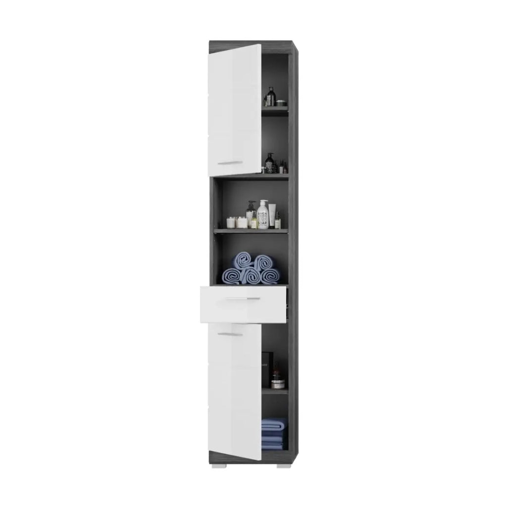 Set bagno SCOTT – Mobile sotto lavabo, specchio, mobiletto e colonna – Grigio scuro e bianco