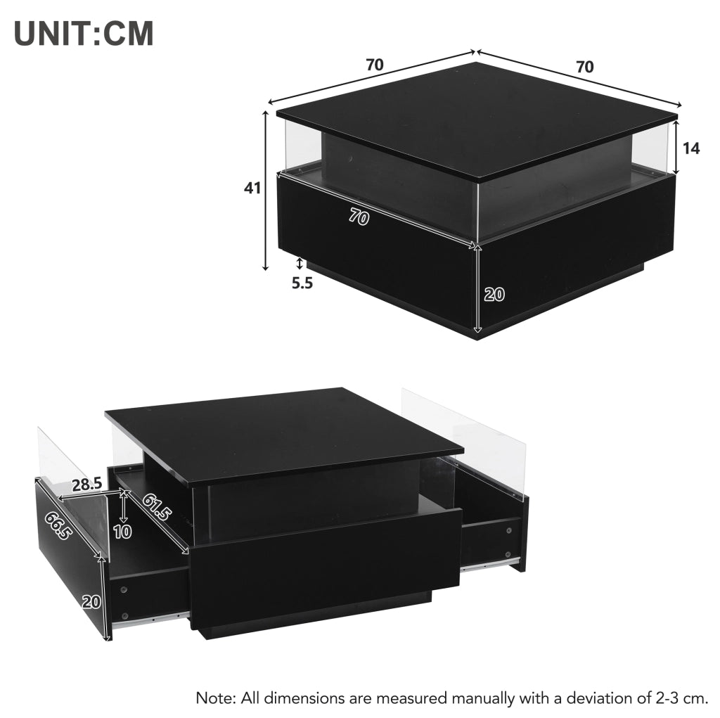 Tavolino da caffè con LED e 2 cassetti; 70 x 70 x 41 cm; nero