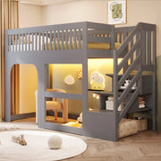 Letto a soppalco 90 × 200 cm con scala contenitore; LED; rete a doghe; protezioni e spazio aperto in legno grigio