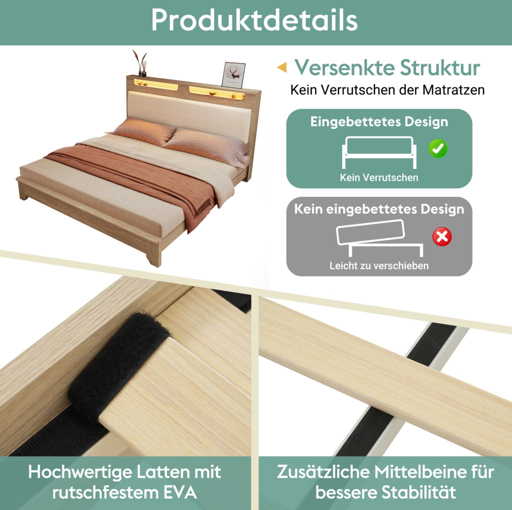Letto matrimoniale 160x200 cm con testiera LED; panca contenitore e materasso; beige/rovere