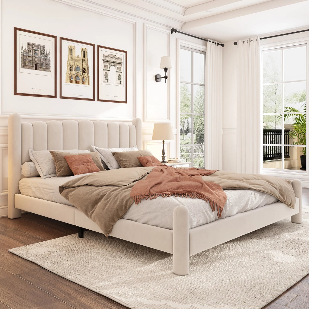 Letto imbottito 180 × 200 cm con rete a doghe e testiera ondulata rivestito in velluto beige