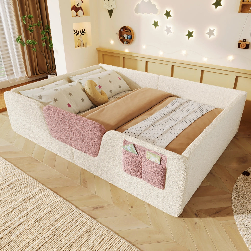 Letto a terra 140 x 190 cm con sponde di sicurezza rimovibili, letto matrimoniale con tasca in tessuto integrata, velluto beige, rete a doghe inclusa
