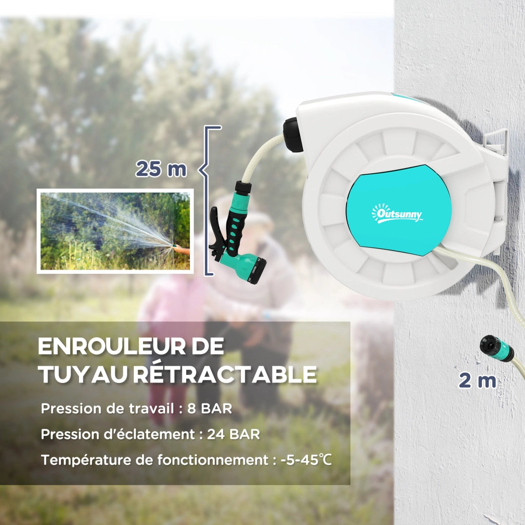 Avvolgitubo Automatico da Parete per Giardino 25+2 m Orientabile 180° 7 Getti Grigio Chiaro 55 x 20 x 42 cm