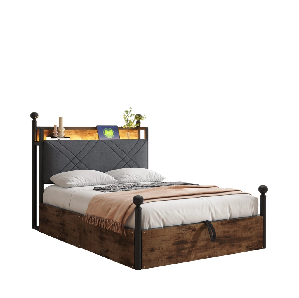 Letto a baldacchino 90x190 cm con contenitore idraulico, LED e USB-C in ferro nero