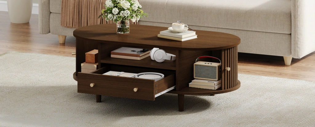 Tavolino da caffè ovale 100x50x36 cm in MDF color noce con 1 cassetto e anta a rullo