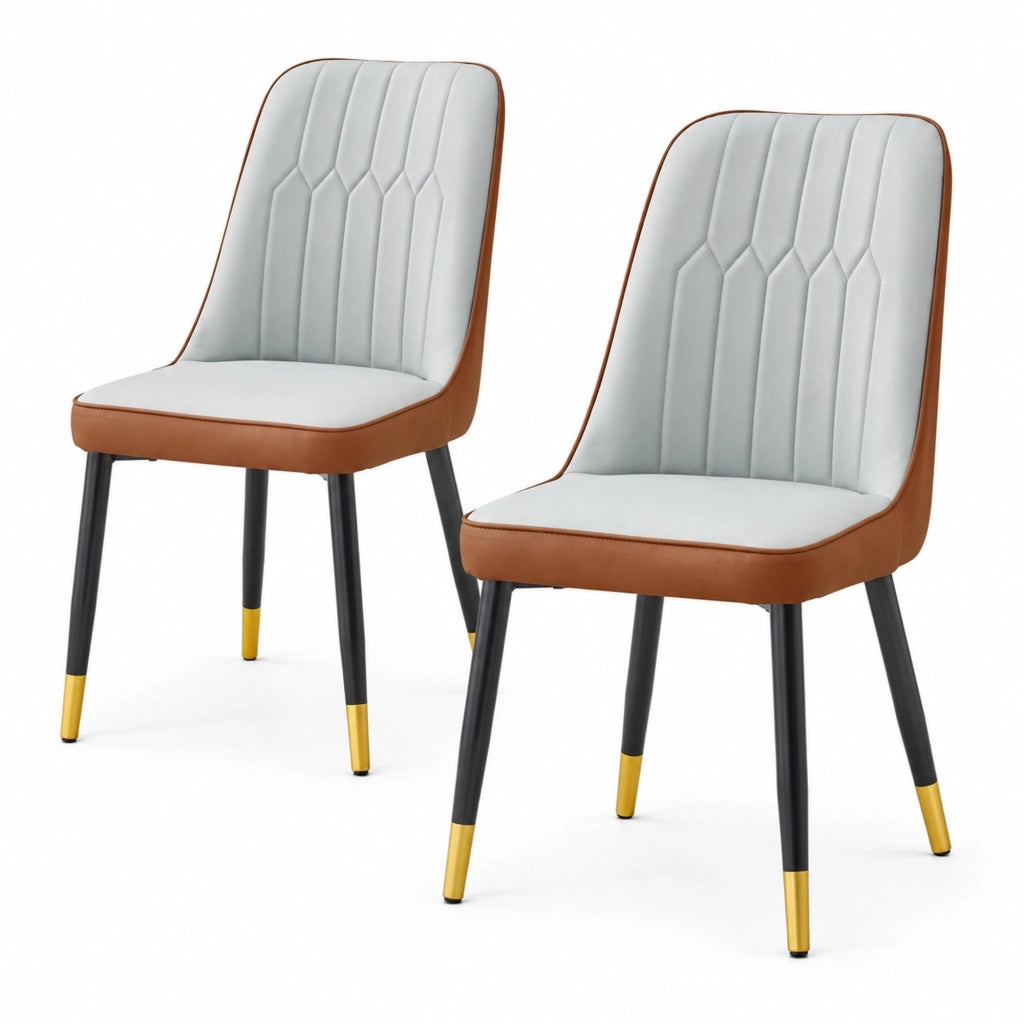 Set da 2 sedie da pranzo moderne con schienale in ecopelle bicolore grigio chiaro e marrone e gambe in metallo nero