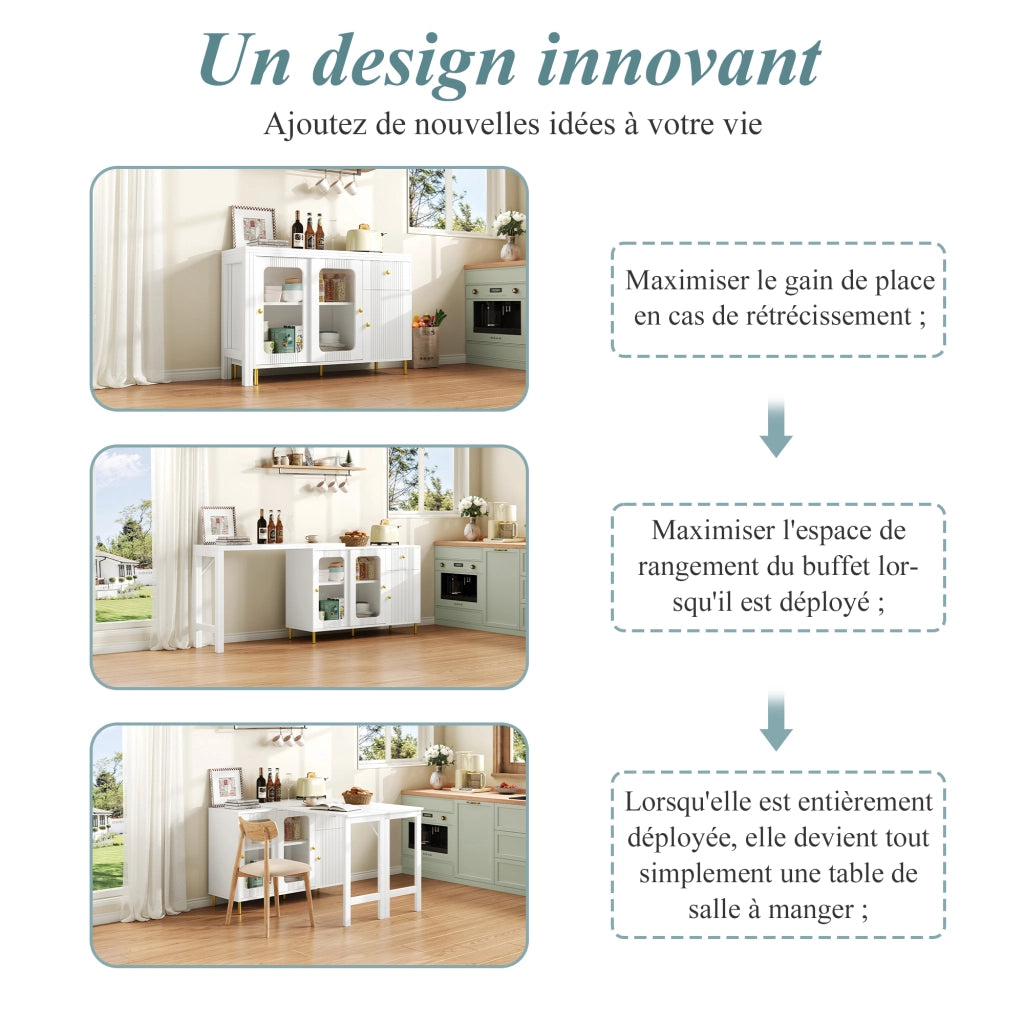 Credenza e madia con tavolo pieghevole, ante scorrevoli e cassetti, per sala da pranzo, bianco, 116 × 40 × 78.5 cm